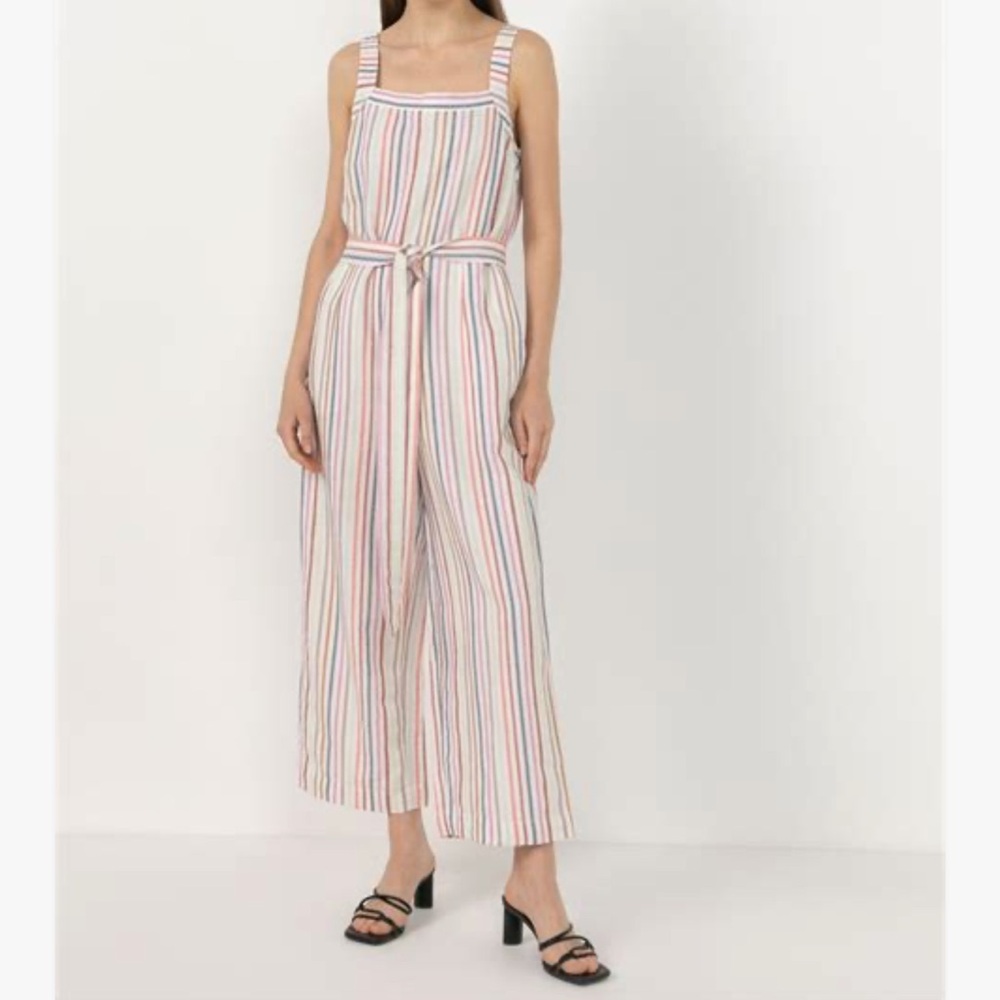 GAP Rainbow Stripe Linen Cotton Blend Apronneck Jumpsuit Coastal NWT-18